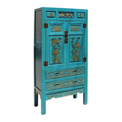 Chinese Fujian Blue Golden Carving Graphic Armoire Storage Cabinet - Armoires And Wardrobes