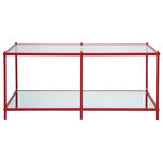 Decor Love - Contemporary Coffee Table, Metal Frame With Mirrored Shelf & Glass Top, Red - - Includes: one (1) coffee table