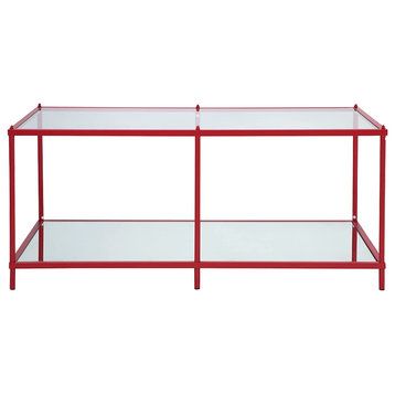 Contemporary Coffee Table, Metal Frame With Mirrored Shelf & Glass Top, Red