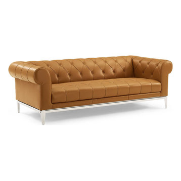 Idyll Tufted Button Upholstered Leather Chesterfield Sofa, Tan