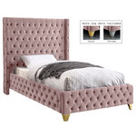 Meridian Furniture - Savan Velvet Upholstered Bed, Pink, Twin - Bring luxury to the forefront when you add this Savan velvet twin-size bed to your room. Upholstered in rich pink velvet from the top of its super-high headboard down to its footboard, this beautiful bed features deep button tufting and a wingback detail to make it a true standout in your space. This luxe bed comes with two sets of legsincluding both gold and chrome optionsso you can customize it to completely coordinate with other items in your space. Full slats are included so that you can set it up and start using it right away.