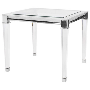 Modern End Table, Tapered Acrylic Legs and Square Glass Top With Silver Detail