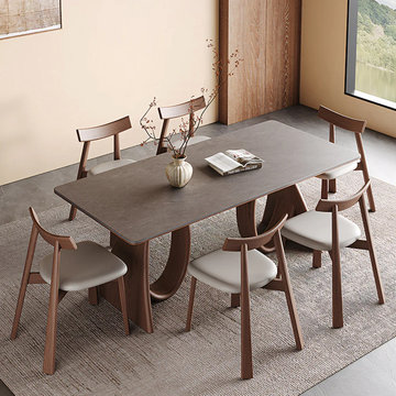 Modern Ceramic Top Dining Table for 6 with Warm Wooden Base