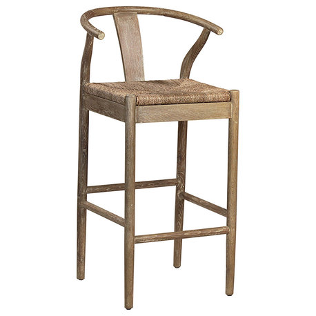 Moya Oak and Natural Woven Wicker Wishbone Back Dining Stool, Bar Height