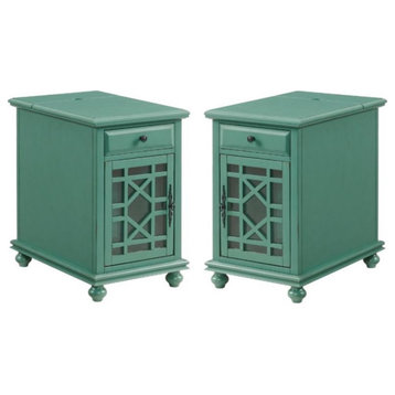 Home Square Elegant Chairside Table in Power Antique Teal Green - Set of 2