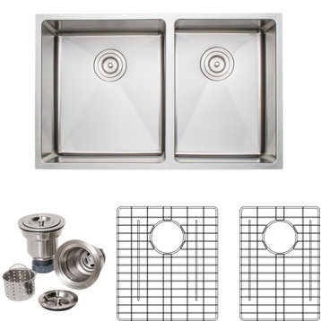 Wells Sinkware 45/55 Double Farm Sink Pack, Stainless Steel, Larger Bowl - Left