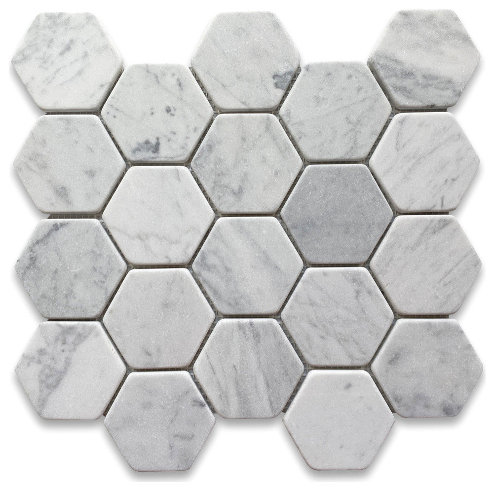 Non Slip Shower Floor Tile Carrara White Marble 3 inch Hexagon Tumbled
