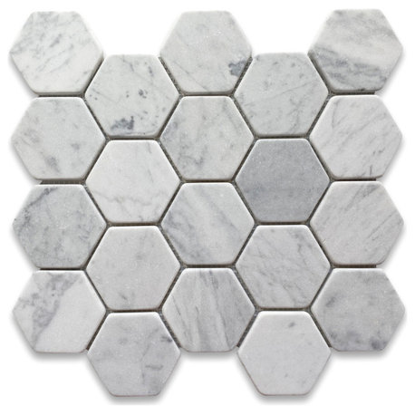 Non Slip Shower Floor Tile Carrara White Marble 3 inch Hexagon Tumbled, 1 sheet