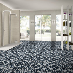 Moroccan Mosaic& Tile House - 8"x8" Temara Handmade Cement Tile, Navy Blue/White, Set of 12 - Wall And Floor Tile