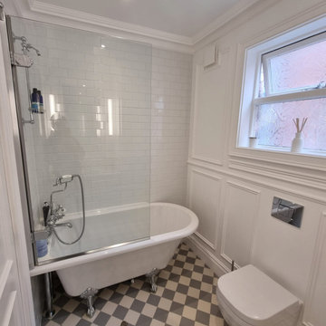 Traditional Bathroom with Wall Panels and grey Victorian tiles