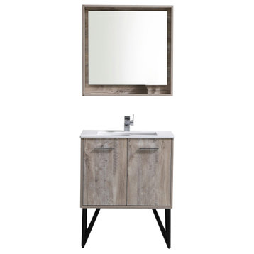 Bosco 30"Vanity, Quartz Countertop, Matching Mirror, High Gloss White, Nature Wo