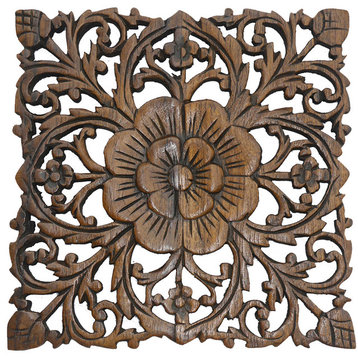 Small Carved Wood Wall Plaque. Rustic Floral Wood Wall Decor Wall Art Panel 12"