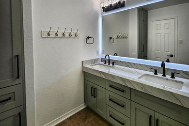 Inspiration for a small modern kids' ceramic tile, brown floor and double-sink bathroom remodel in Austin with shaker cabinets, green cabinets, white walls, an undermount sink, quartzite countertops, gray countertops and a built-in vanity