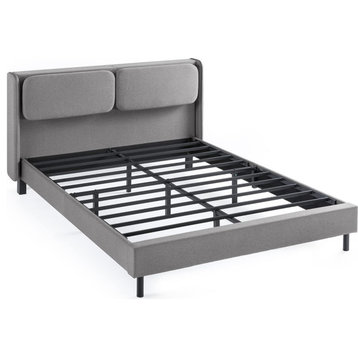 Modern Platform Bed, Metal Base With Cushioned Reclining Headboard, Grey, Queen