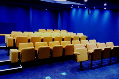 Idée de décoration pour une salle de cinéma urbaine de taille moyenne et ouverte avec un mur bleu, moquette et un téléviseur encastré.