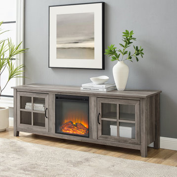70" Farmhouse Wood Fireplace TV Stand With Glass Doors, Gray Wash