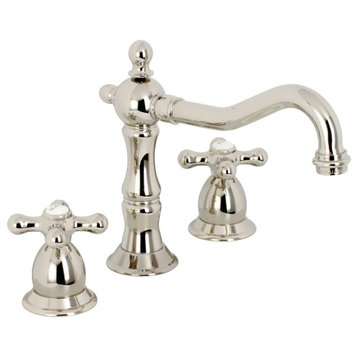 Widespread Bathroom Faucet, 2 Crossed Handles & Matching Pop Up Drain, Nickel