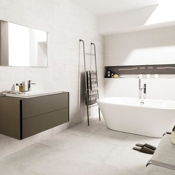 Space Maximizing Contemporary Bathroom with Warm White Floor and Wall Tiles from