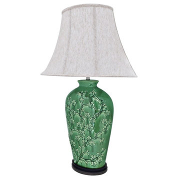 40013, 33 1/2" High Ceramic Table Lamp, Green With Dark Brown Wood Base
