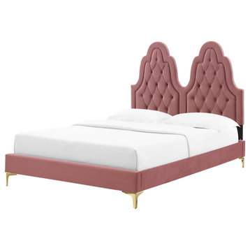 Tufted Platform Bed Frame, Twin Size, Velvet, Pink, Modern Contemporary, Bedroom