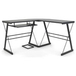 Ryan Rove - Ryan Rove Madison 3-Piece Corner L-Shaped Computer Desk, Black - This contemporary black desk offers a sleek, modern design crafted from durable steel and thick, tempered safety glass. The L-shape provides a corner wedge for space-saving needs with a look that is both attractive and simple.  Includes a universal, autonomous CPU stand and a sliding keyboard tray. It's flexible configuration allows the keyboard tray to be mounted on either side of the desk to fit your specific needs. This desk is a complimentary piece and is the perfect addition to any home office.