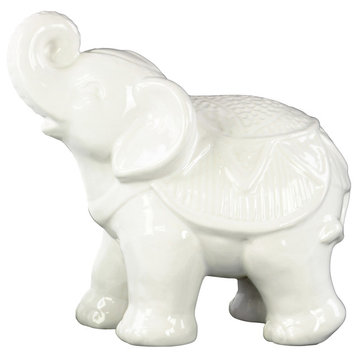 Ceramic Standing Trumpeting Ceremonial Elephant Figurine, White
