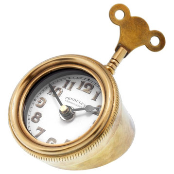 Retro Brass Pocket Watch Table Clock, Desk Vintage Antique Style Shelf Wind Key