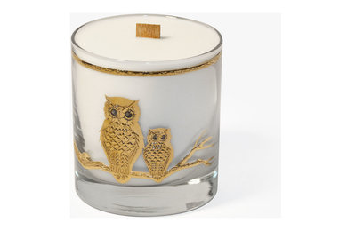 Vintage Soy Candle With Wood Wick in Culver Owl Rocks Glass