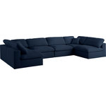 Meridian Furniture - Serene Linen Textured Fabric Deluxe Comfort 6-Piece U-Shaped Sectional, Navy - There's lots to love about the Serene linen textured deluxe cloud-like comfort modular collection, and this piece is not an exception. The soft navy linen textured fabric is cozy and sleek to the touch while the overstuffed down/feather cushions provide gentle support so you can relax and unwind like a VIP. Customize your seating with this modular set by adding the pieces you like most. Latches under each piece make it easy to snap them into position for a look that's modern yet welcoming.