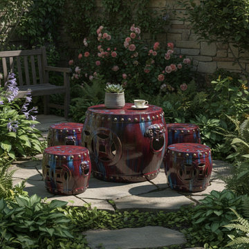 Out Door & In Door Chinese Red Clay Round Garden Tea Set - 5 Pieces wk2268