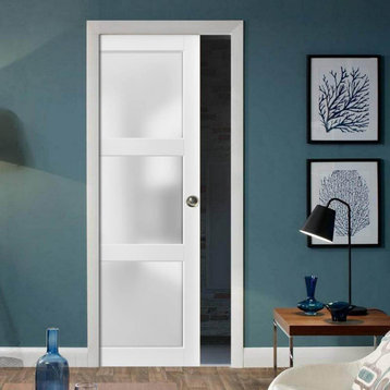 French Pocket Door 24x80 Frosted Glass 3 Lites | Lucia 2552 Matte White