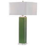 Uttermost - Aneeza Table Lamp - Finished in a striking tropical green glaze, this ceramic table lamp is accented by thick crystal ornaments and brushed nickel accents. The square hardback shade is a white linen fabric.