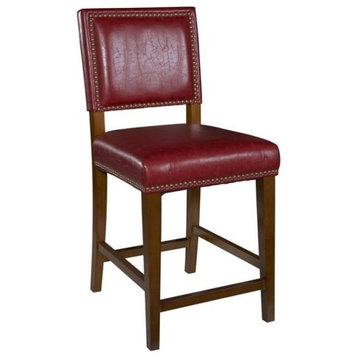 Linon Brook 30" Wood Bar Stool Dk Red Faux Leather Nailhead Trim in Walnut Stain