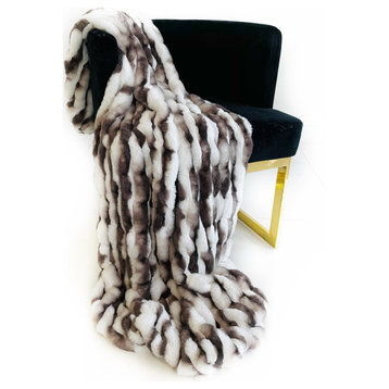 White Charcoal Snow Chinchilla Faux Fur Luxury Throw Blanket, 70Lx90W Twin