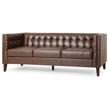 Elegant Sofa, Faux Leather Seat With Tuxedo Arms & Tufted Back, Dark Brown