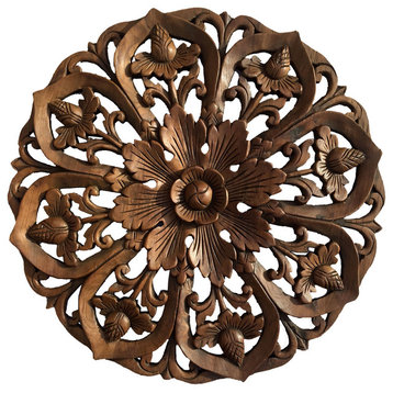 Oriental Bali Round Lotus Flower Carved Wood Wall Art Home Decor 24" Extra Thick