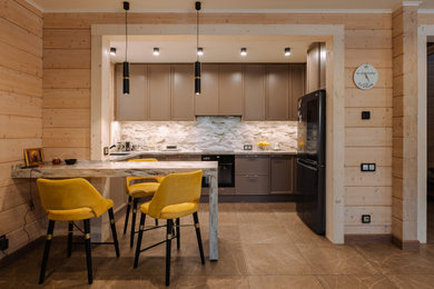 Свежая идея для дизайна: п-образная кухня-гостиная в скандинавском стиле с фасадами с утопленной филенкой, столешницей из акрилового камня и полуостровом - отличное фото интерьера