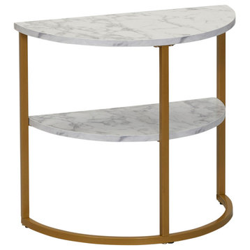 Half Moon Side End Table With Storage Shelf White Marble and Gold Metal