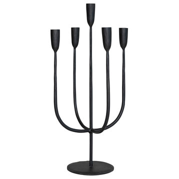 Round Hand-Forged Metal Candelabra, Holds 5 Tapers, Black