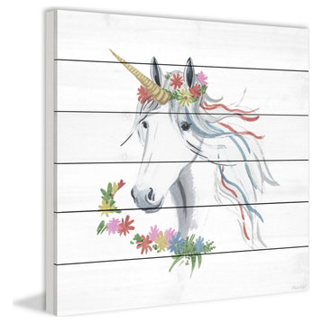 "Rainbow Unicorn V" Painting Print on White Wood, 12x12
