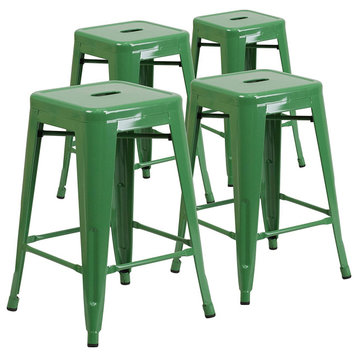 Set of 4 Counter Stool, Backless Design With Square Seat, Green