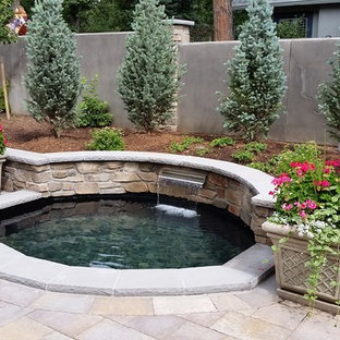 デンバーの中サイズの、秋のトラディショナルスタイルのおしゃれな庭 (池、日向、コンクリート敷き	) の写真