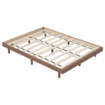 Modern Low Profile Platform Bed, Slat Support, Walnut/Full