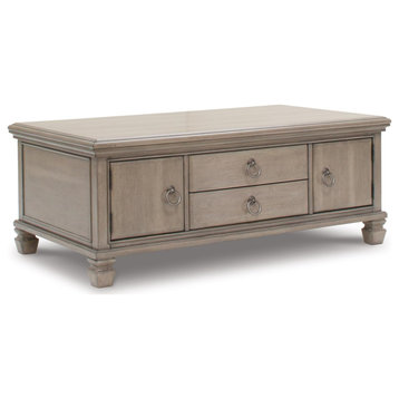 Classic Coffee Table, 2 Cabinets & 2 Drawers With Ring Shaped Pulls, Light Gray