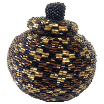 Manggis Handwoven Art Glass Basket, Metallic Emblem