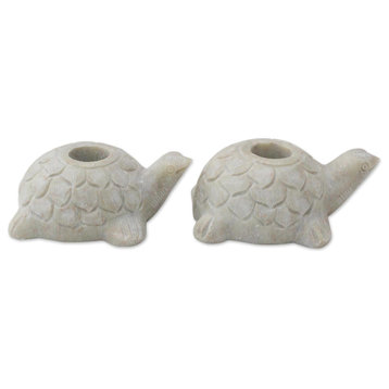 Turtle Delight Soapstone Candleholders, Set of 2