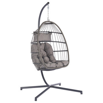 Patio Swing Egg Chair Folding Hanging Chair With Pillow and Stand, Light Gray