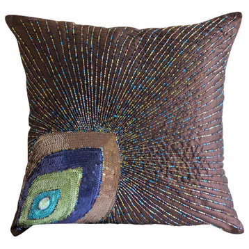 Peacock Feather Brown Shams, Art Silk 24"x24" Pillow Sham, Peacock Sparkle