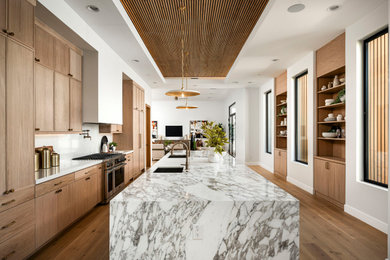 Inspiration for a large galley eat-in kitchen remodel in Phoenix with flat-panel cabinets, light wood cabinets and an island