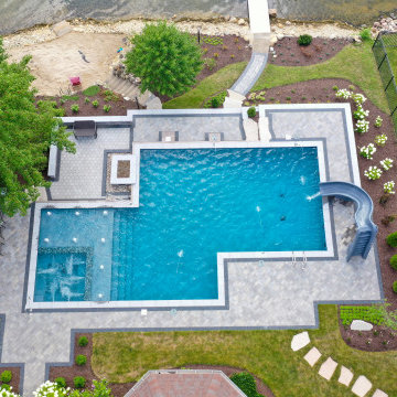 Plainfield, IL Geometric Swimming Pool with Interior Hot Tub
